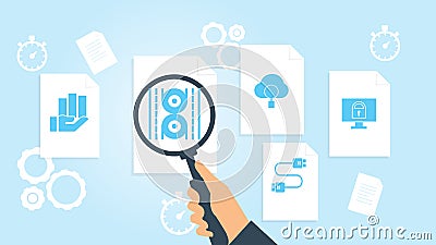 Database, server, clock, monitor file, document research vector illustration. Document with search icons. File and magnifying Cartoon Illustration