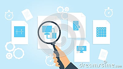 Database, server, excel file, document research vector illustration. Document with search icons. File and magnifying glass. Cartoon Illustration