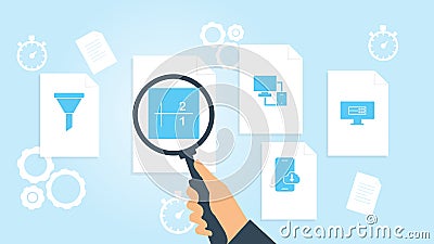 Database, server file, document research vector illustration. Document with search icons. File and magnifying glass. Analytics Cartoon Illustration
