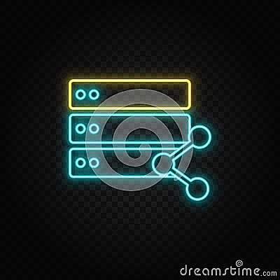 Database, server, share. Blue neon vector icon. Transparent background Stock Photo