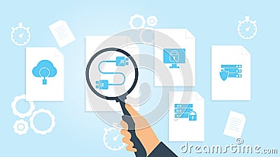 Database, server, shield file, document research vector illustration. Document with search icons. File and magnifying glass. Cartoon Illustration