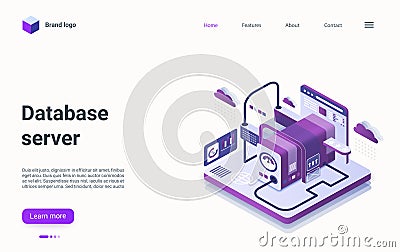 Database server technology isometric landing page, data flow processing abstract machine Vector Illustration