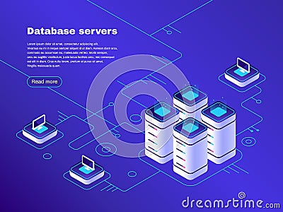 Database servers. Digital datacenter server network. Hosting tech support. Online cloud storage vector isometric Vector Illustration