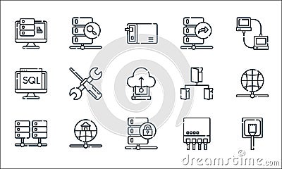 database and servers line icons. linear set. quality vector line set such as lan, server, database, switch, home network, sql, Vector Illustration