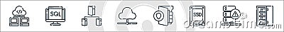 database and servers line icons. linear set. quality vector line set such as server, warning, ssd disk, protected, cloud, file Vector Illustration