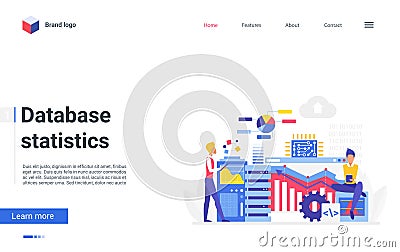 Database statistics landing page, people organize files, work with digital interface Vector Illustration