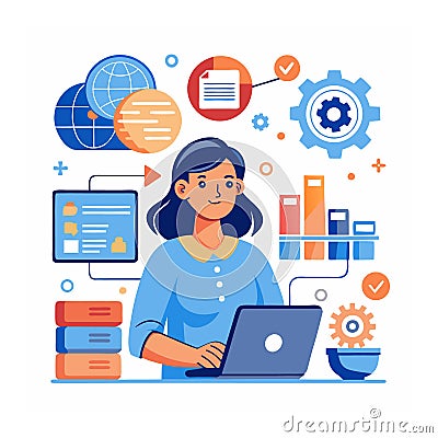 Database system, data network management, woman working with computer laptop on database. Vector Illustration