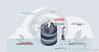 Database system development and server file organization tiny person concept Vector Illustration