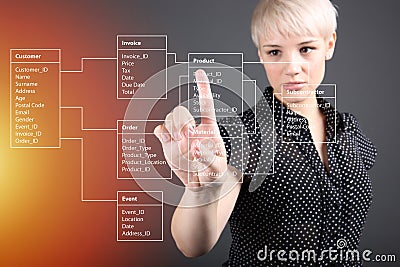 Database Table technical concept, girl pointing screen Stock Photo