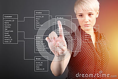 Database Table technical concept, girl pointing screen Stock Photo