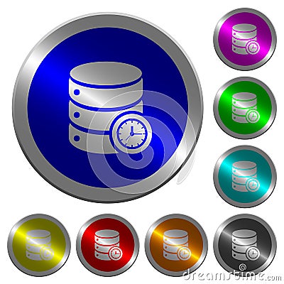 Database timed events luminous coin-like round color buttons Stock Photo