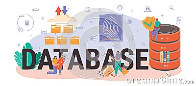Database typographic header. Manager working at data center. Vector Illustration