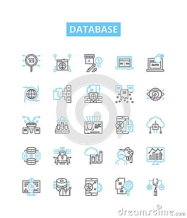 Database vector line icons set. database, SQL, MySQL, Oracle, Access, MongoDB, PostgreSQL illustration outline concept Cartoon Illustration