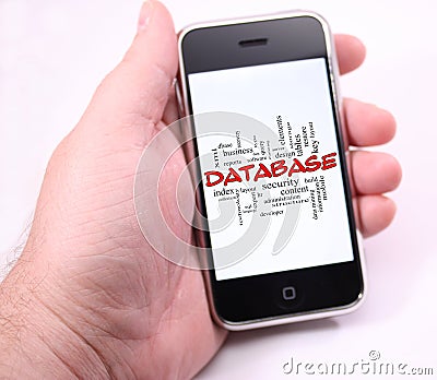 Database word cloud on hand holding Modern touch screen phone Stock Photo