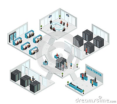 Datacenter Isometric Multistore Composition Vector Illustration