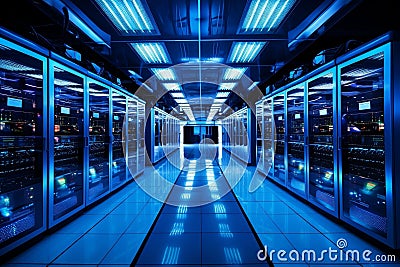 Datacenter Large Server Room for Internet. AI Stock Photo