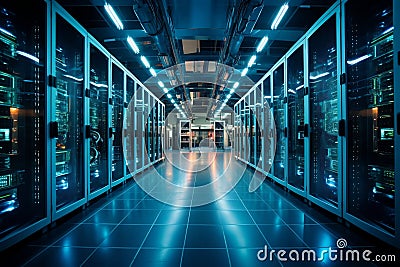 Datacenter Large Server Room for Internet. AI Stock Photo