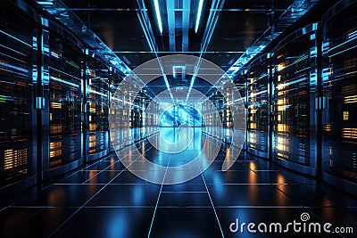 Datacenter large server room for internet network. Generative AI Stock Photo