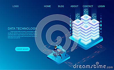 Datacenter server room cloud storage technology and big data processing Protecting data security Vector Illustration