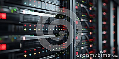 Datacenter server room with rows of blade servers in racks. Darkened background emphasizes hardware infrastructure, network Stock Photo