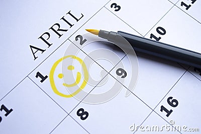 The date of April 1 is circled on the calendar. April Fool`s Day Stock Photo