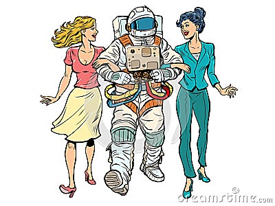 Date. A astronaut with two girls. Unconventional marriage. Friends are walking Vector Illustration