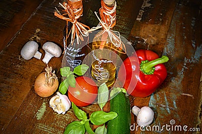 Date balsamic and orange oil along with various fresh ingredients Stock Photo