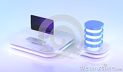 Date center isometric 3d render. Server with computer equipment, web hosting infrastructure icons on neon web banner Cartoon Illustration