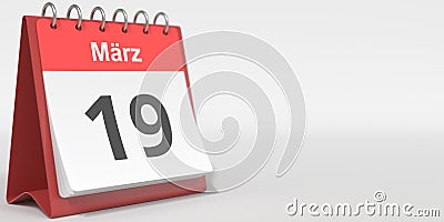 March 19 date written in German on the flip calendar page. 3d rendering Stock Photo