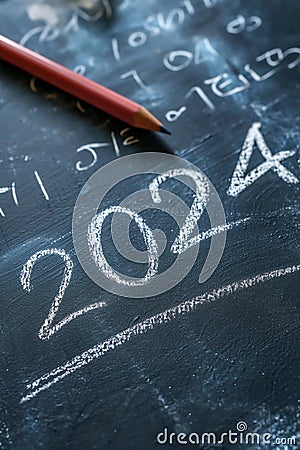 2024 date handwritten in a chalk writing text script on a wooden black chalkboard Cartoon Illustration