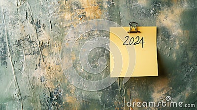 2024 date handwritten in a text script with a black marker pen on paper note pad memo placed on a distressed wall background Cartoon Illustration