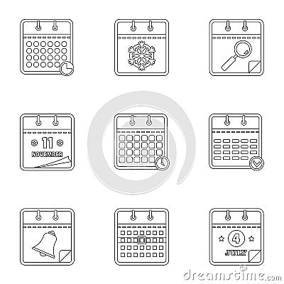 Datebook icons set, outline style Vector Illustration