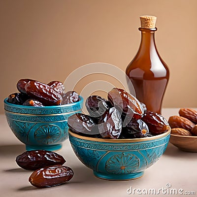 Dates in blue Moroccan style bowls Stock Photo