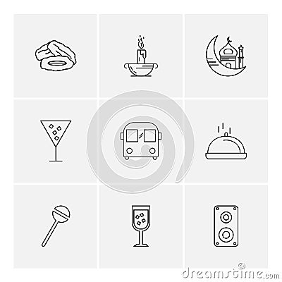 dates , candle , mosque , glass , bus , dish , lollypop , glass, drink , speaker , eps icons set vector Vector Illustration