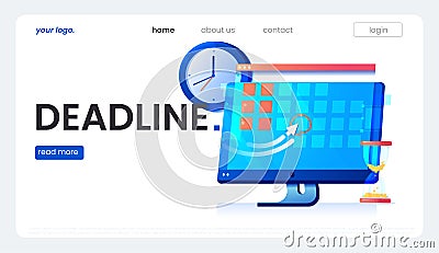 Dates and Deadlines banner. Computer with calendar in fire, clock and hourglass. Vector flat illustration Vector Illustration