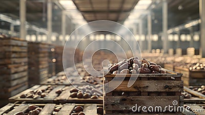 Dates harvested in wooden boxes in a warehouse. Stock Photo