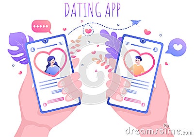 Dating App For a Couple With Male and Female in Smartphone If Match Become Love or Relationships. Background Flat Vector Vector Illustration