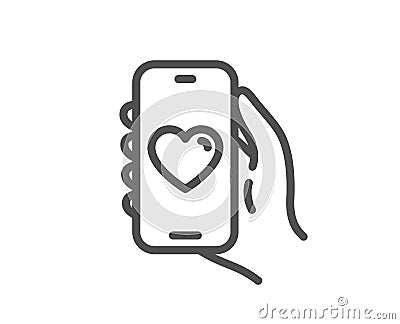 Dating app line icon. Hand hold phone sign. Vector Vector Illustration