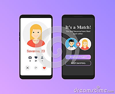 Dating app online mobile concept. Female male profile flat design. Couple match for relationship Vector Illustration