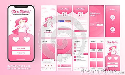 Dating app ui kit for responsive mobile app or website with different gui layout including user category, details, place and user Vector Illustration