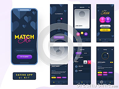 Dating app ui kit for responsive mobile app or website with different gui layout. Stock Photo