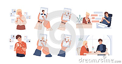 Dating app using vector illustrations set. Meeting website, acquaintance and speed date mobile application. Online Vector Illustration