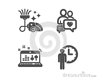 Dating chat, Sound check and Vacuum cleaner icons. Waiting sign. People love, Dj controller, Vacuum-clean. Vector Vector Illustration