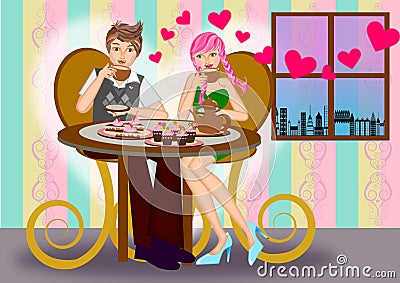 Dating couple in restaurant Cartoon Illustration