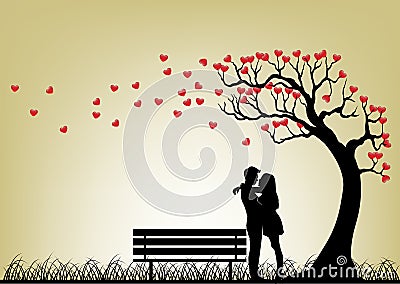 Dating Couple Silhouette Under Love Tree Vector Illustration