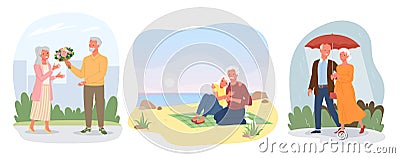 Dating of happy elderly loving couple, Valentines day, lovers walking, sitting together Vector Illustration