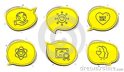 Dating network, Heart and Nice girl icons set. Atom sign. Relationships network, Love head, Love heart. Vector Vector Illustration