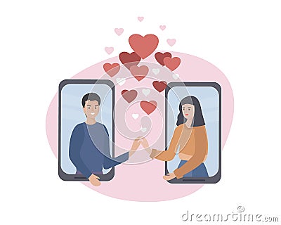 Dating and online communication. Virtual romantic date. Love during quarantine. Meeting a couple in love in a video chat Vector Illustration