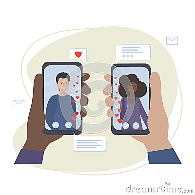 Dating and online communication. Virtual romantic date. Love during quarantine. Meeting a couple in love in a video chat Vector Illustration
