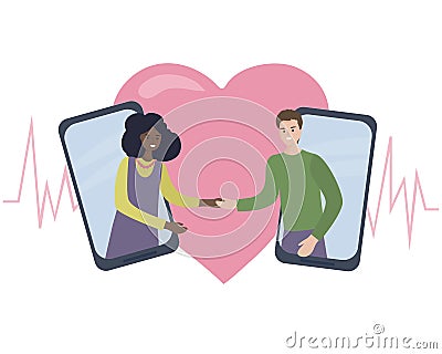 Dating and online communication. Virtual romantic date. Love during quarantine. Meeting lovers in a video chat Vector Illustration